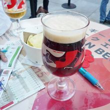 専用グラスにビールを注いでもらう