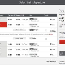 Oslo-Flam間の時刻表の一例