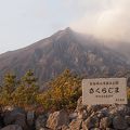 遊歩道を散策しながら火山を眺める