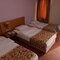 ホテルの施設は古め。ベッドも床もくたびれ感があります。