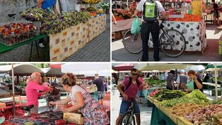 季節の野菜や果物、花がずらり！カラフルな市場です。
