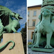 橋のたもとを守る竜の彫像と、橋の街灯の柱にあった竜の像