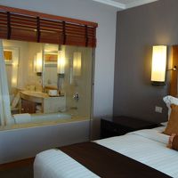 ベッドの向こうはガラス窓のあるバスルームです。