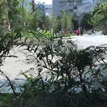 店内から外を。水が流れて涼しげです。