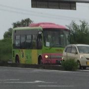 黄緑とピンクのバス