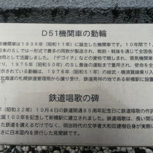 機関車の動輪と鉄道唱歌の碑の由来を説明する案内板です。