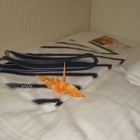 寝巻きに折り鶴が添えられて