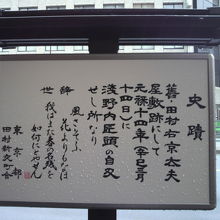 史蹟　辞世の句と自刃せし所として田村右京太夫屋敷とあります。