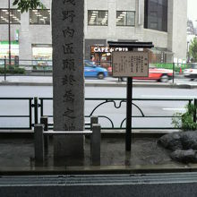 石碑等は、日比谷通り沿いにあり、背景が日比谷通りです。