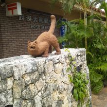 西表大原郵便局にて、塀の上にはイリオモテヤマネコ！