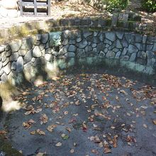 庭にはライオンの顔のついた円形の池。プールとも。