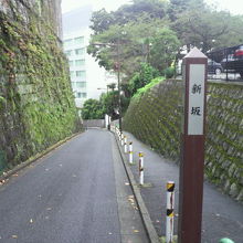 新坂を降る方向に見ている写真です。比較的急勾配の坂です。