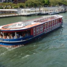 橋の下を水上バスが航行してます