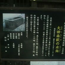 大田南畝の水鉢についての解説が、案内板に記されています。