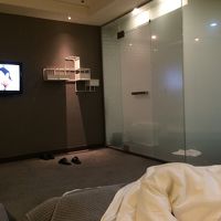 寝台からみた浴室と調度とテレビ（国際Ch等なし）