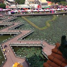 塔に渡る魔除けの九曲橋を上から眺めた所