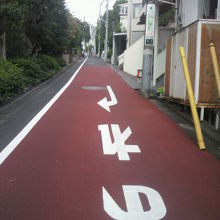 長住宅内を、長く、まっすぐ伸びた新坂の全景が見えます。