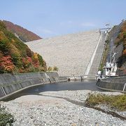 群青色の湖水にダム周辺の山々の鮮やかな紅葉が映えていました