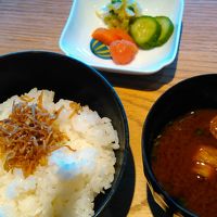 ちりめんじゃこを乗せたごはんと赤だしとお漬物