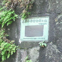 更に近寄ると、緑青色の記念銘板が確認できます。目の高さ位です