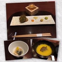 前菜3品と食前酒（洋ナシのスパークリング）