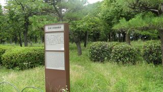 樹木の茂る一角に説明板が立っているだけ