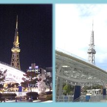 芝生広場から見たオアシス２１と名古屋ＴＶ塔。