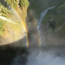 ダムの放水で、虹が出現