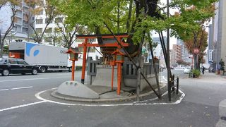 道路の真ん中に残るイチョウとお社