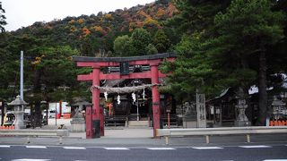 湖上の鳥居が珍しい、由緒ある神社