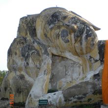 寝姿の釈迦像の顔の部分のみの様子です。柔和な顔つきです。