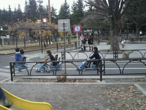 世田谷公園の中の交通学校における子供用のミニカーと道路です。