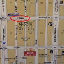 花椿通りの地図です。中央通り、外堀通り、資生堂パーラー等等も