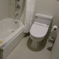 大き目のバスタブ〈高層階でもすぐ一杯になる〉とシャワーレット