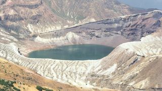 荒涼とした火口に光るエメラルドグリーンの湖