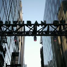 晴海通りに面して、すずらん通りの英文字標識が掲げられています