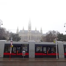 市庁舎を背景に