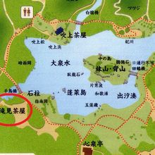 地図上の滝見の茶屋です。水源の水分石と紀川上も載っています。