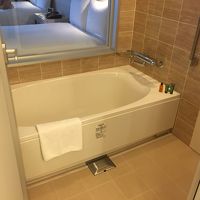 客室が見渡せるガラス張りのバスルーム