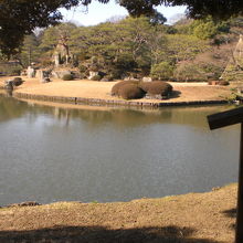 出汐湊から中の島を見ています。解説板が写真右端に見えます。