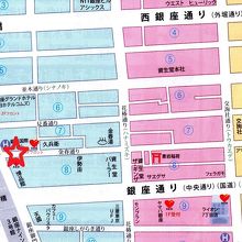 金春通りレンガ遺構の碑の場所を記した地図です。赤の☆印の位置