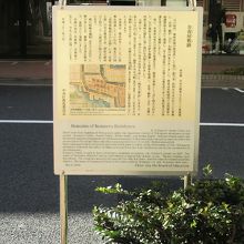 金春屋敷跡の標識板です。背景の道路が御門通りの車道です。