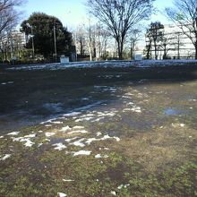 イベント広場の芝生の広場です。雪が残っていて濡れています。
