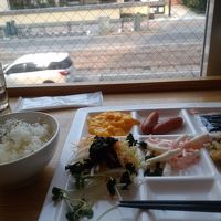 路面電車を見ながら朝食