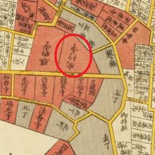 江戸時代の地図に、真成院が記されています。四谷の寺町の中です