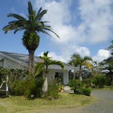 「大島紬村」の受付のある建物と庭。