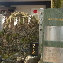 日本一のさざれ石と説明板。苔がむしています。