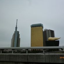 ビルに隠れビルの屋上にスカイツリーそしてアサヒビール