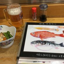 メニューの絵が可愛らしい。お通し(煮カレイ)に生ビアー