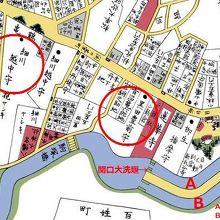 雑司ヶ谷音羽絵図　（現在）右○：椿山荘、左○：新江戸川公園